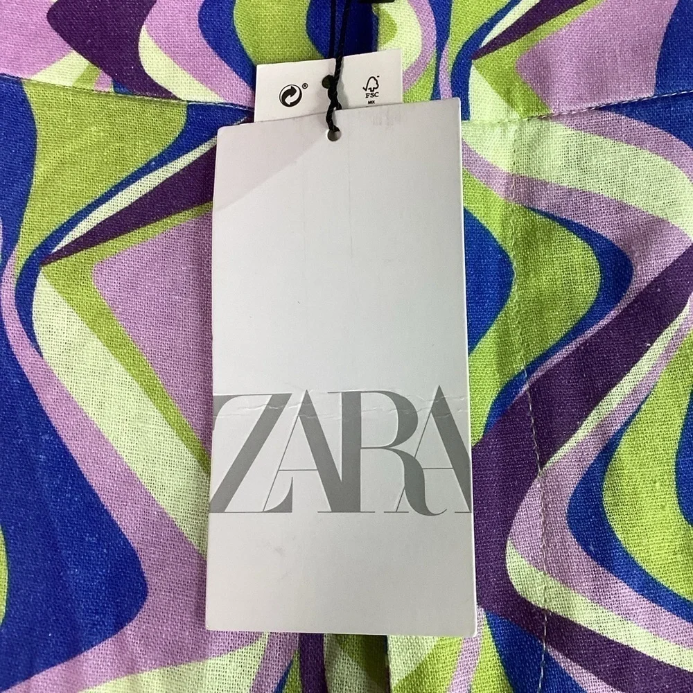 ZARA RETRO SIZE XS BLUE GREEN FLARED SUMMER PANTS SWIRL SPRING VACATION NWT‎